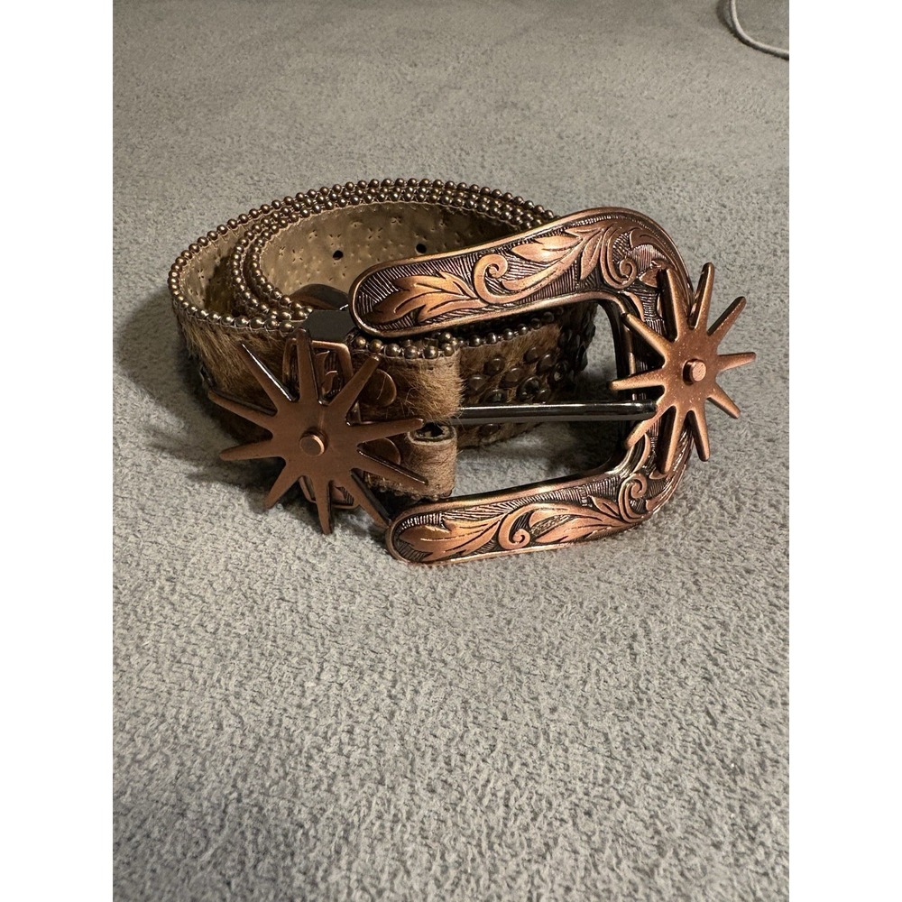 B.B. Simon Vintage Western Belt Cowhide Rhinestone Star Concho Buckle Size M